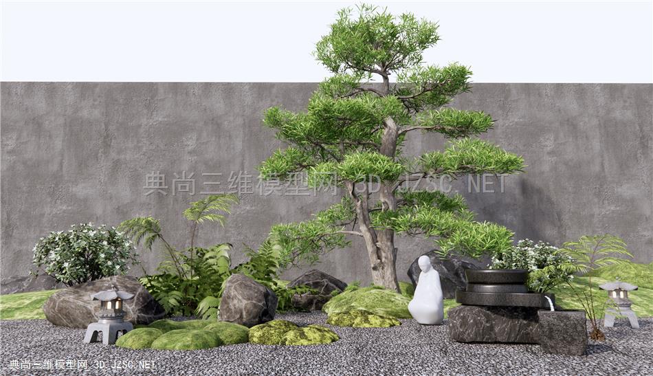 新中式庭院小品 石磨流水 枯山石 松树小品 石头 蕨类植物景观1