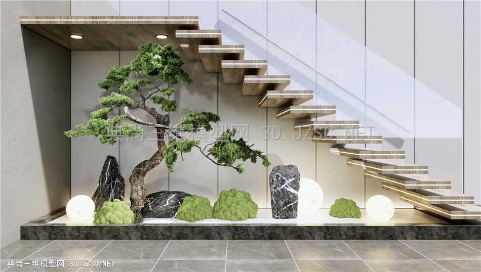 新中式楼梯间景观小品 黑石 苔藓植物 松树 植物景观小品1