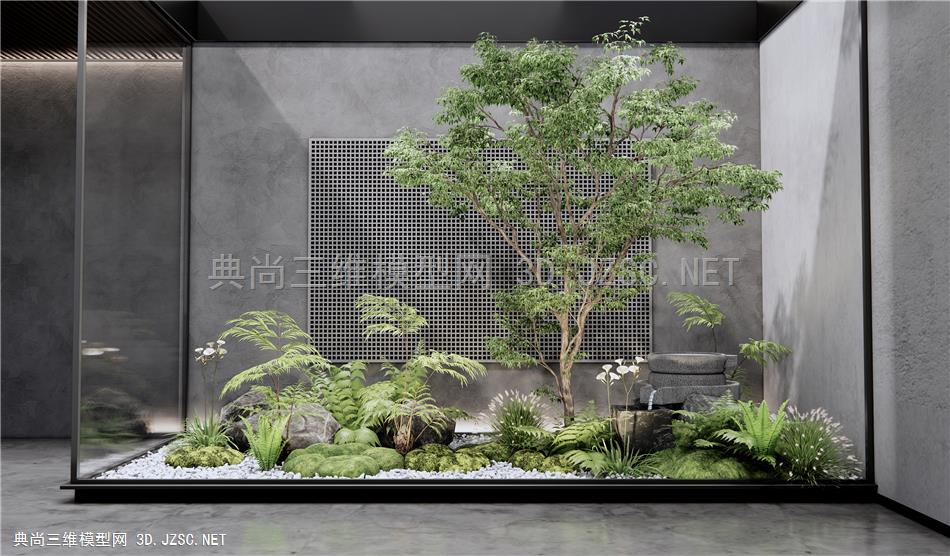 现代室内庭院小品 植物造景 假山石头 室内景观 植物堆 禅意景观 景观小品 蕨类植物1