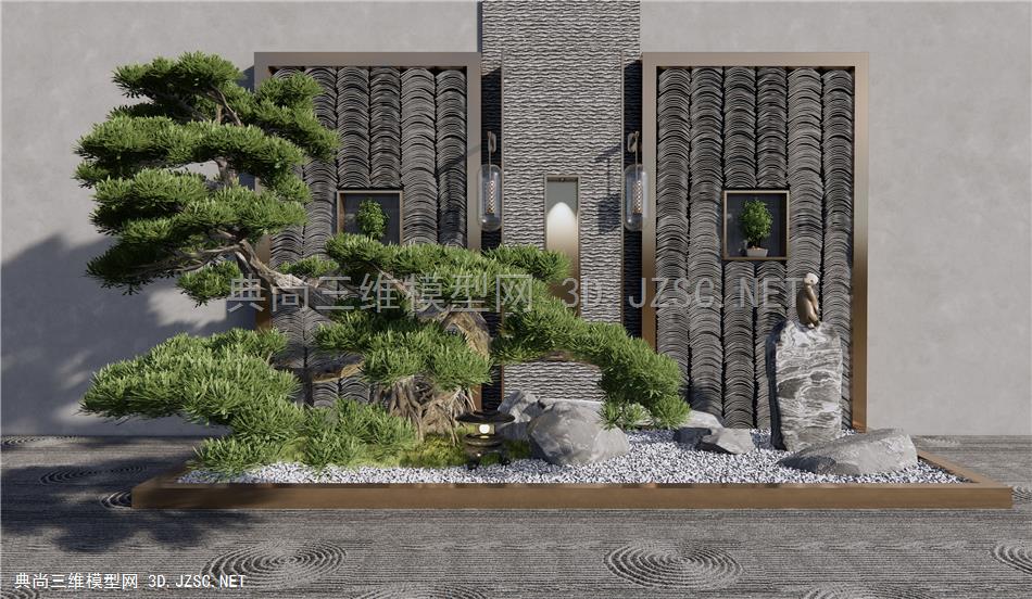 新中式松树景墙庭院小品 枯山石禅意景观 石头 中庭庭院小品 瓦片背景墙1