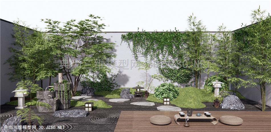 新中式禅意庭院景观 枯山水 石头 景石 爬山虎植物 枫树 竹子 茶台 茶桌椅1