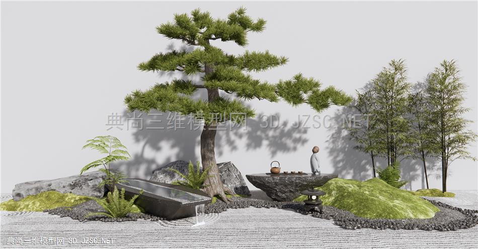 新中式枯山水庭院小品 水钵小品 石头景石 松树 竹子1