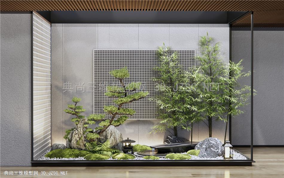 新中式庭院景观小品 石头假山 蕨类植物 水钵跌水小品 松树 苔藓植物 竹子1
