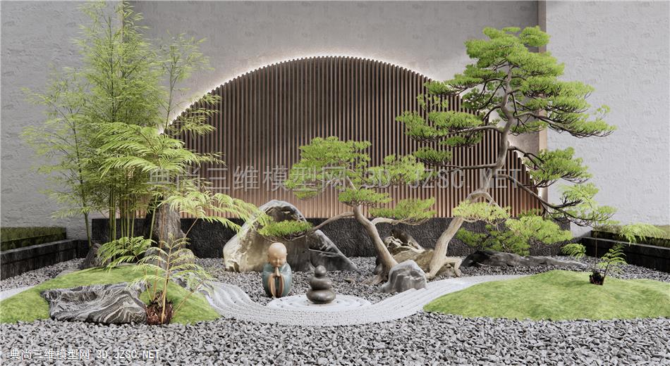 新中式庭院景观小品 禅意景观 景墙 石头景石 松树 竹子1
