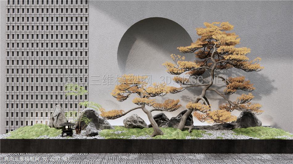 新中式庭院景观小品 禅意园艺 石头假山 松树枯石小品 植物景观1
