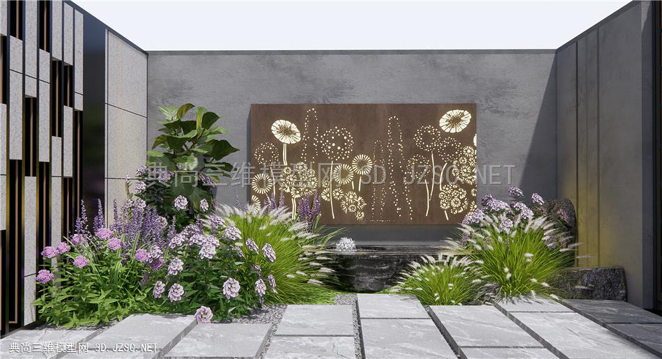 现代花草植物 植物堆 花境 庭院花园小品 薰衣草 耐候钢板 石头1