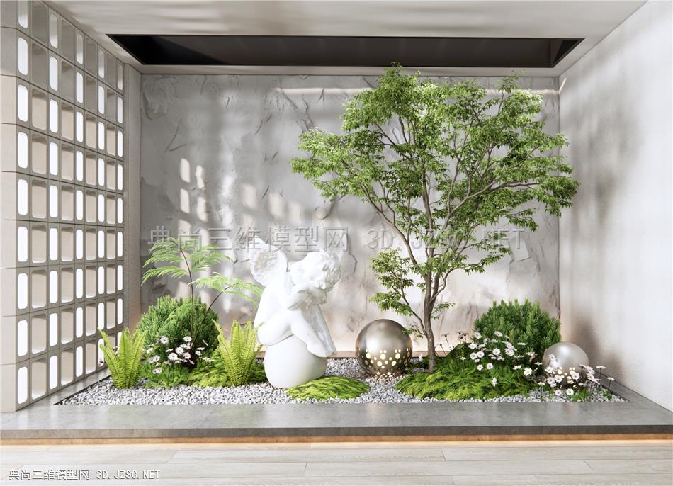 现代庭院植物小品 植物堆苔藓 景观树 毛石墙 镂空砖隔断 雕塑小品1
