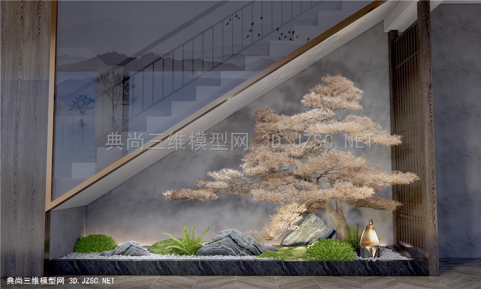 新中式石头松树室内景观小品 楼梯间景观小品 庭院植物小品 泰山石1