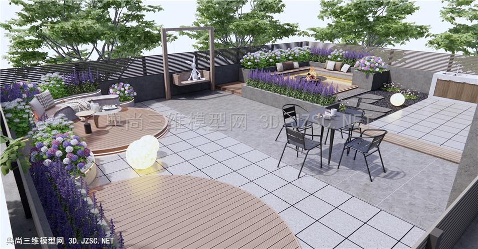 现代屋顶花园 庭院景观 户外景观座椅 秋千 户外桌椅 花草植物 花卉1