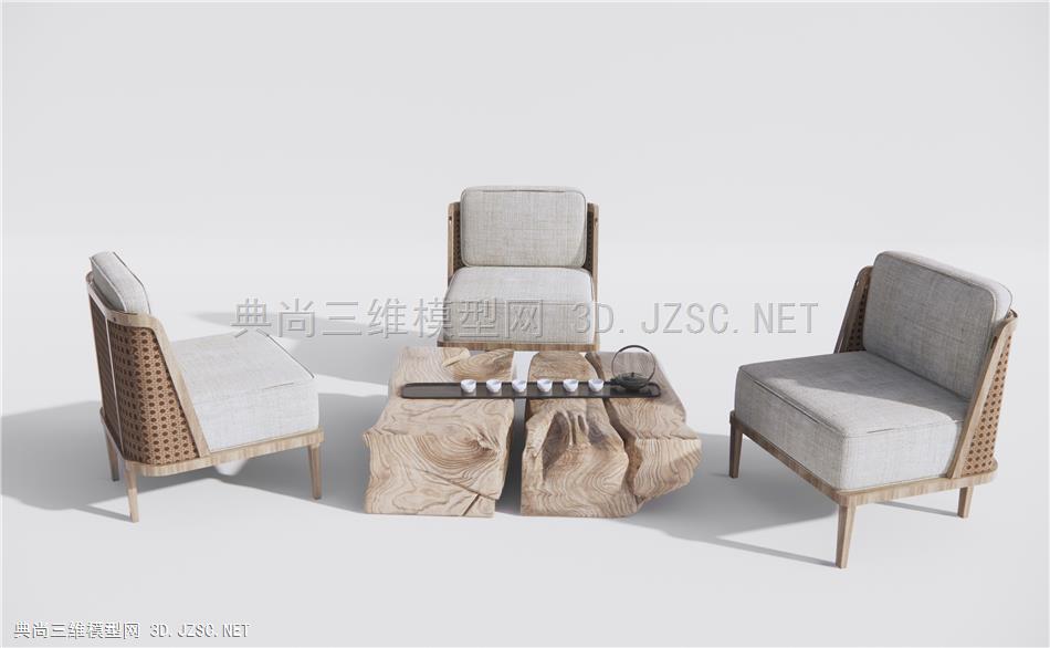新中式单人沙发 原木茶几1