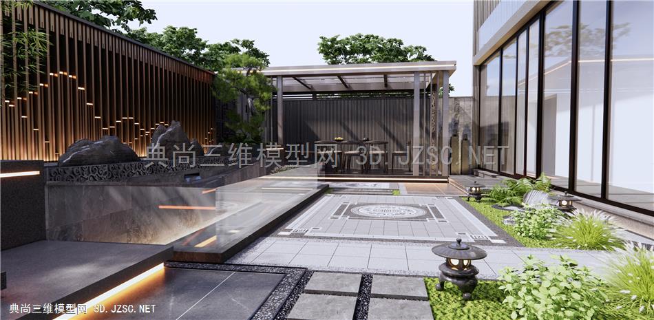 新中式居家庭院景观 禅意山水景墙 跌水景观 户外桌椅 亭子廊架 石头