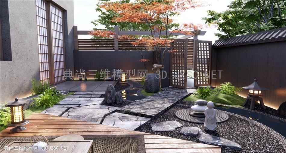 日式山水庭院景观 水钵 景观石 草坪灯 红枫 松树 茶桌椅1