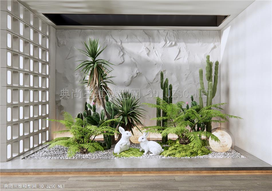 现代室内植物景观造景 植物堆 仙人掌 蕨类植物 小兔雕塑小品 苔藓