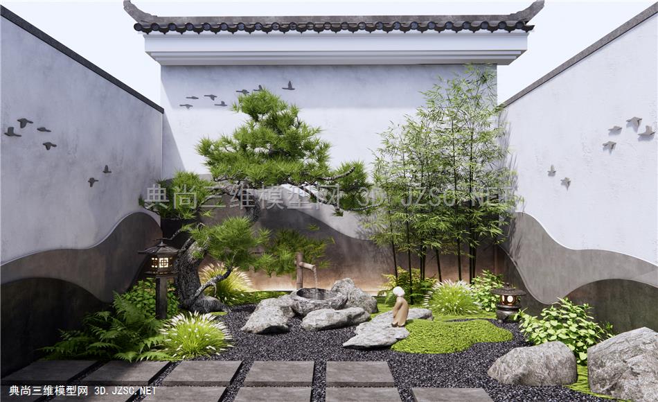 新中式庭院景观造景 造型松树 景墙 水钵 景观石 竹子 枯山水景观