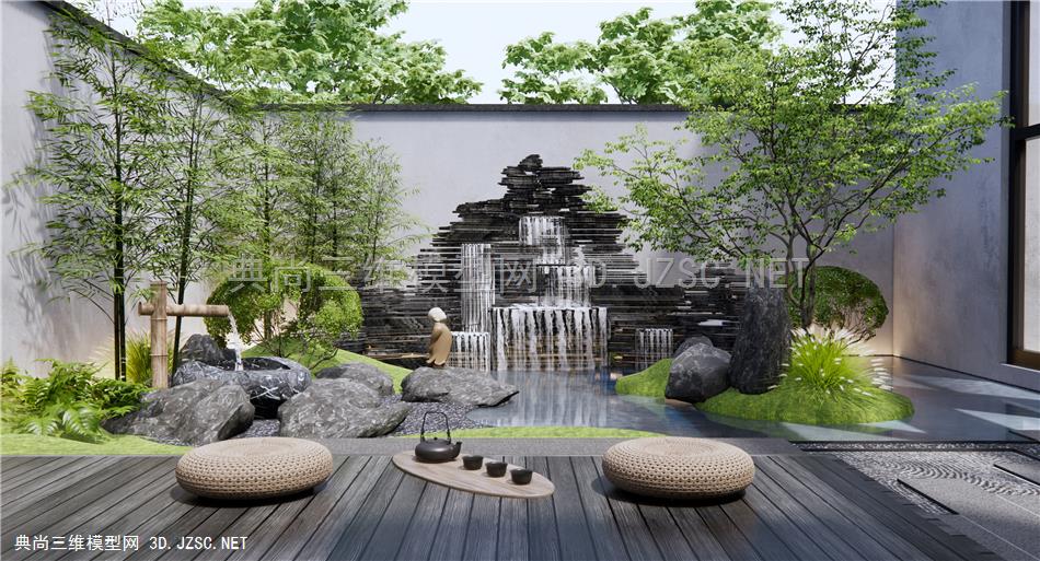 现代庭院假山水景 石头 跌水景观 叠水 庭院景观 水钵 假山石 竹子 蒲团茶台