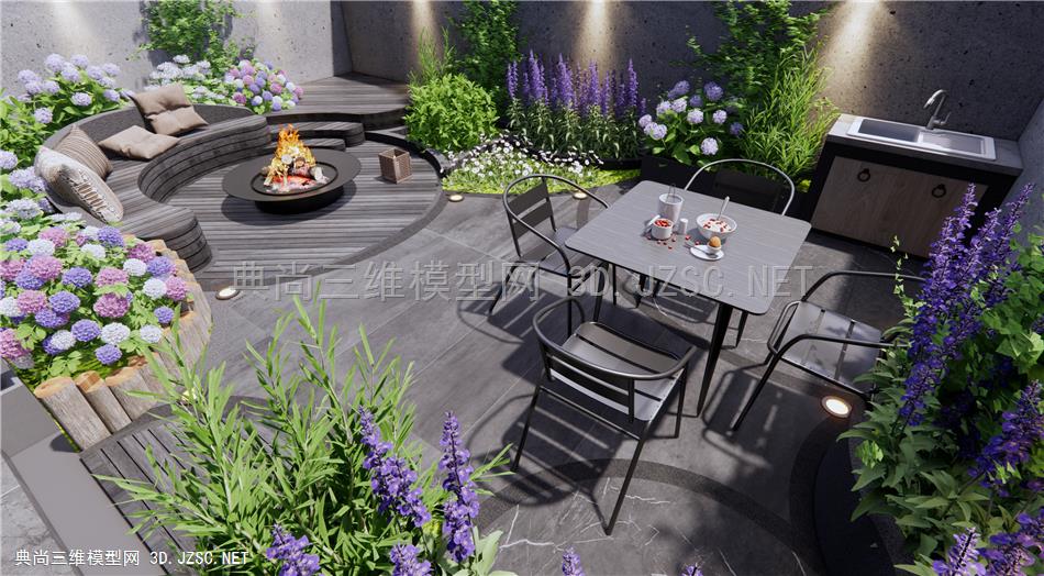 现代庭院花园 弧形景观座椅 花池 花草植物 花卉 户外桌椅
