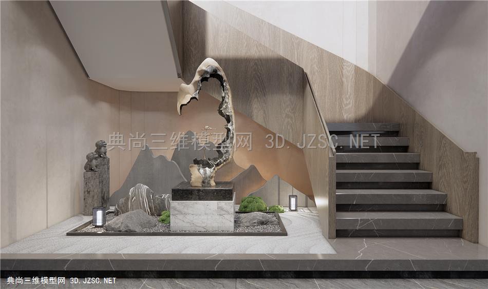 新中式雕塑小品 楼梯间景观小品 玄关造景 假山 石头1