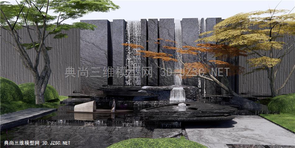 新中式跌水景墙 叠水景观 小船雕塑小品 石头 假山水景 景观树1