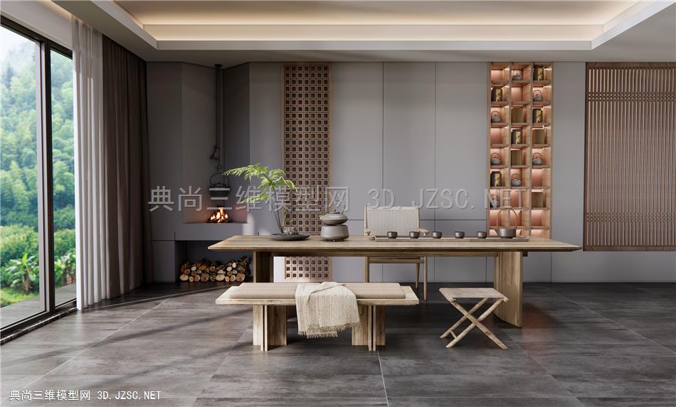 新中式茶室 茶桌椅 茶台 坐凳 盆栽 休闲椅
