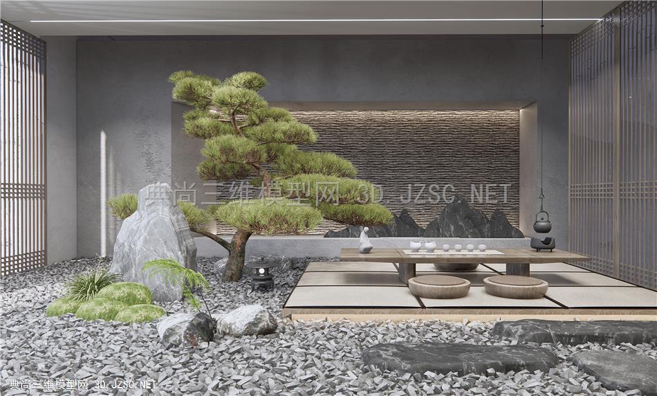 新中式禅意茶室 罗汉松 茶桌椅 庭院小品 枯山石 石头1