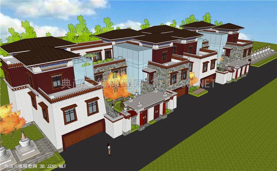 SU藏族藏式建筑模型住宅联排别墅