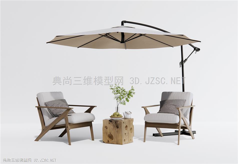 现代户外椅 休闲椅 原木桌几 太阳伞1