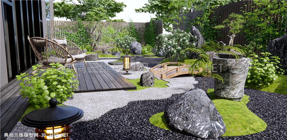 日式居家庭院景观 枯山水 假山石头 置石 汀步 植物景观 围栏