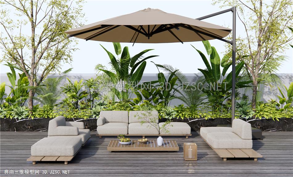 现代户外沙发茶几组合 双人沙发 单人沙发 灌木花草 植物景观1