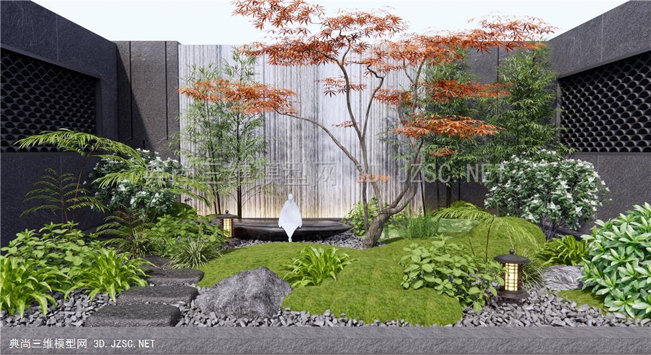 新中式枯山石庭院景观 植物景观造景 水景墙 石头 苔藓植物 砂石汀步 红枫树