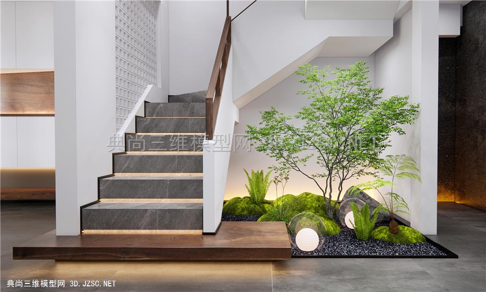 现代楼梯间 室内植物造景 石头 植物堆 乔木