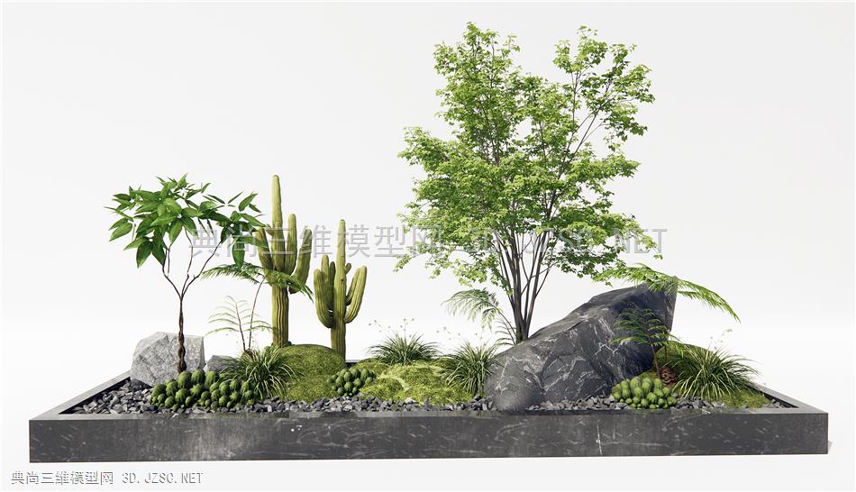 现代庭院小品 景观植物 苔藓 石头 灌木绿植1