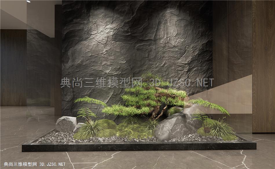 新中式玄关景观 庭院小品 室内景观 枯山石 迎客松1