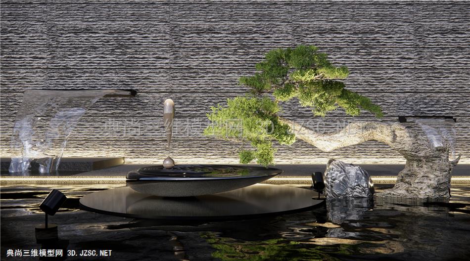 新中式雕塑水景 水滴景观雕塑 示范区景观 水景景墙 迎客松1