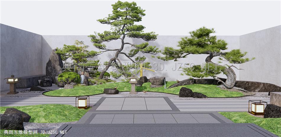 新中式庭院景观造景 枯山水景观小品 景观石头 假山 松树 景观树1