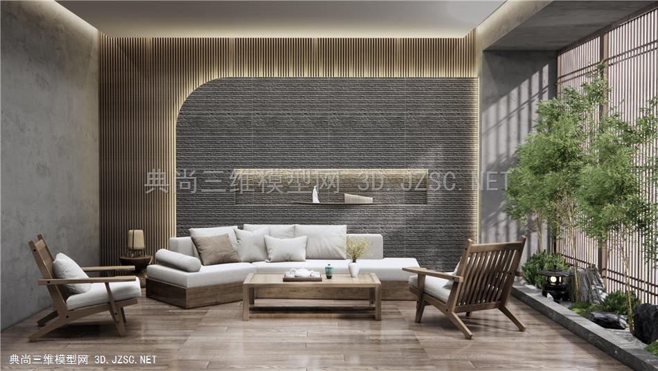 新中式客厅沙发茶几 民宿客厅 室内景观小品1