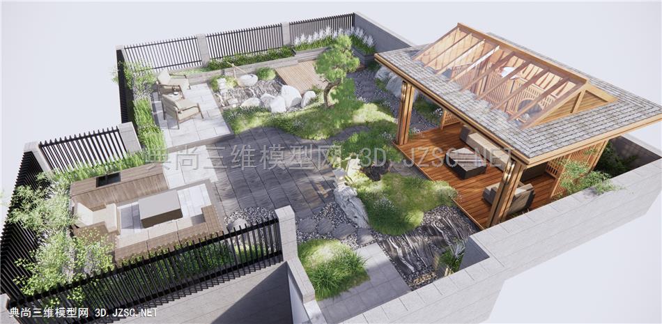 新中式屋顶花园 亭子 禅意庭院景观 户外沙发1