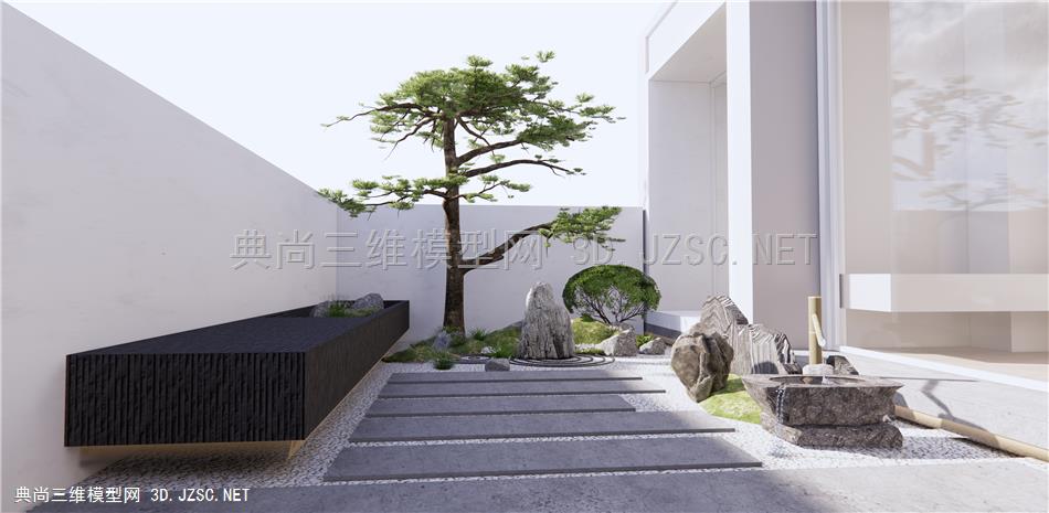 新中式禅意庭院花园 枯山水 石头 假山 景观树 景观小品1