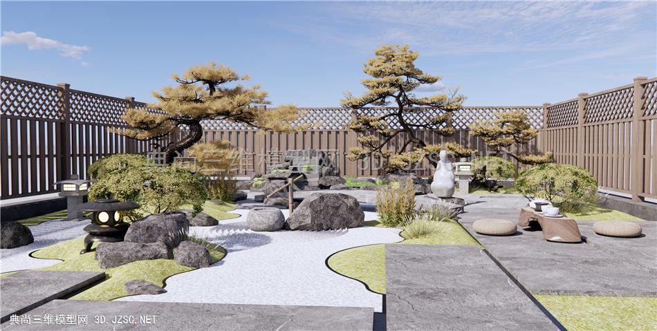 日式枯山水庭院花园 假山水景 石头 景观树 茶台1