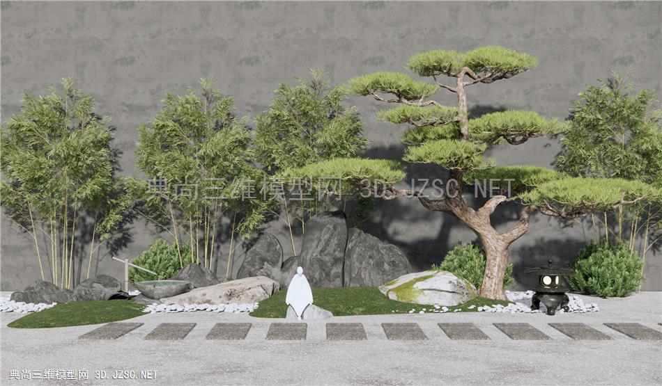 新中式枯山石庭院景观 禅意景观小品 石头假山 景观松树1