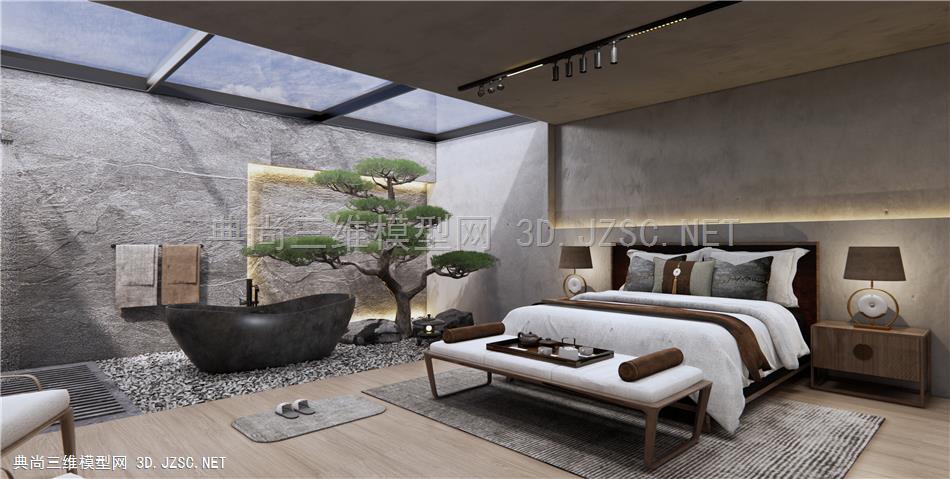 新中式民宿卧室 室内景观小品 卫生间 浴缸 枯山石 景观松树1