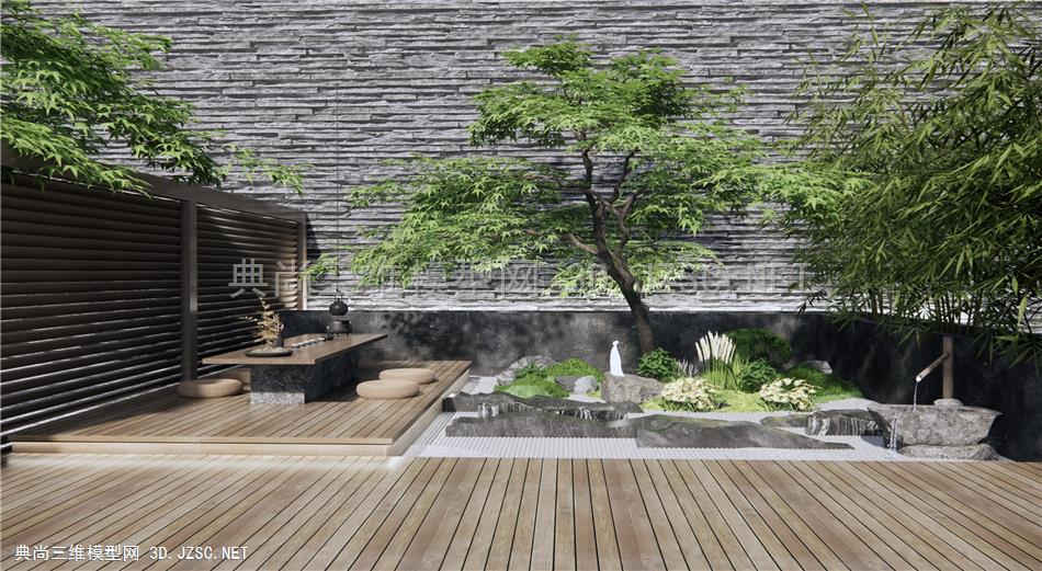 新中式枯山水庭院花园 户外茶桌椅 景观树 石头1