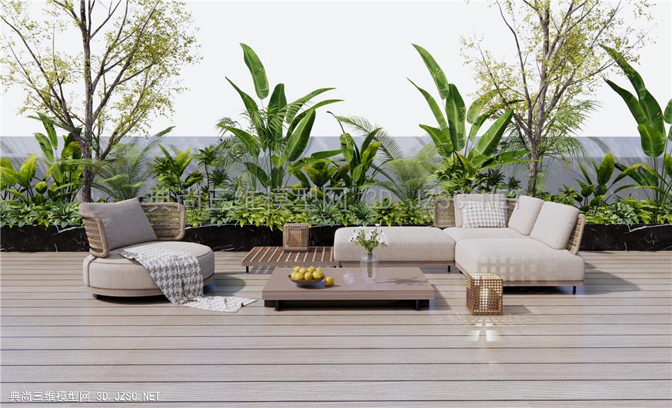现代户外沙发 藤编休闲沙发 单人沙发 灌木绿植 户外植物