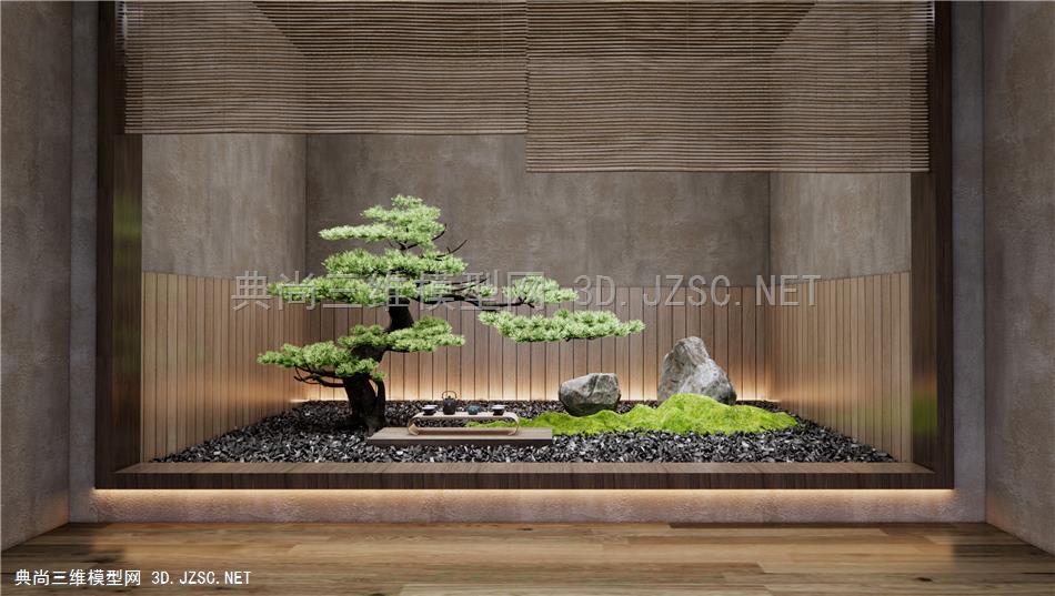 日式庭院小品 室内景观造景 松树盆栽 石头假山 茶台 茶室1