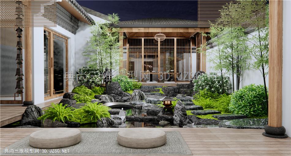 新中式中庭庭院景观 假山水景 叠水景观 跌水 石头 茶室 亭子 灌木花草