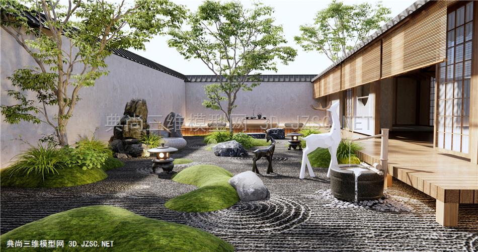 日式居家庭院景观 枯山水园艺造景 水钵 假山石头 麋鹿雕塑 景观树