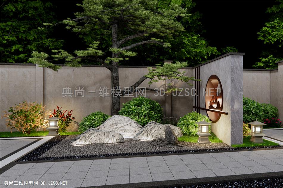 新中式庭院景墙 景观石 园艺造景 松树1