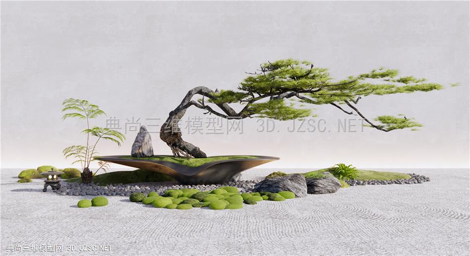 新中式松树盆栽 迎客松盆景 石头 苔藓 园艺景观造景1