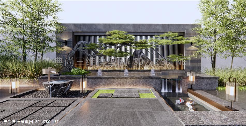 新中式山水景墙 庭院景墙 假山水景 造型松树 草丛植物 竹子