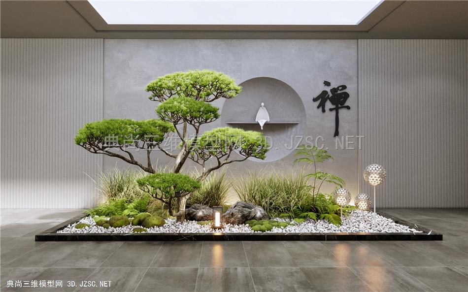 现代室内景观造景 庭院小品 造型松树 植物堆景观 蕨类植物 地灯1