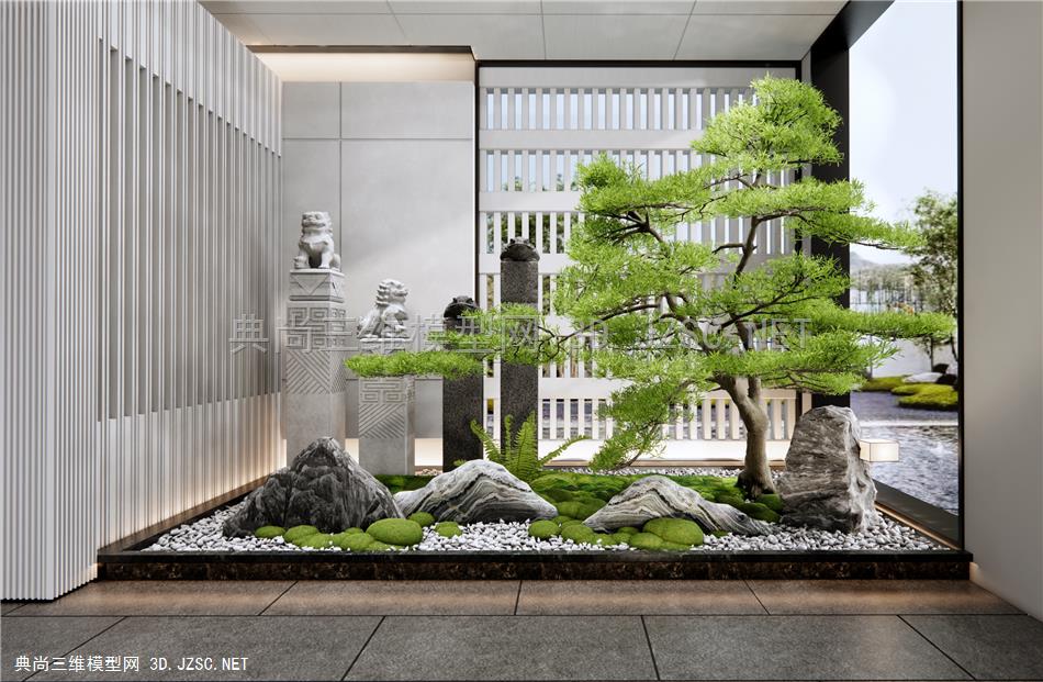新中式室内景观造景 庭院小品 雪花石 造型松树 拴马柱 苔藓植物 景观石头1